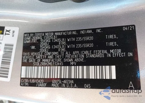 2021 Toyota Highlander Xse z USA, uszkodzony, nr VIN 5TDLZRBH2MS113445